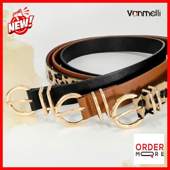 3 Pack Faux Leather Belts Gold Buckle Adjustable Women's Accessories - Picture 3 of 8